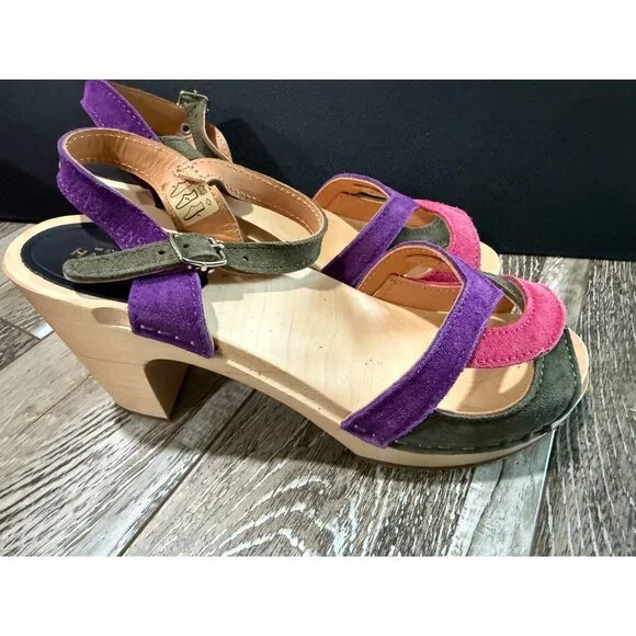 Swedish Hasbeens 50s Suede Combo Sandal With Wooden Heel Size 38 Adjustable Stra - Picture 3 of 8